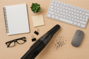 Create a flat lay with office supplies and the vacuum mid-use.