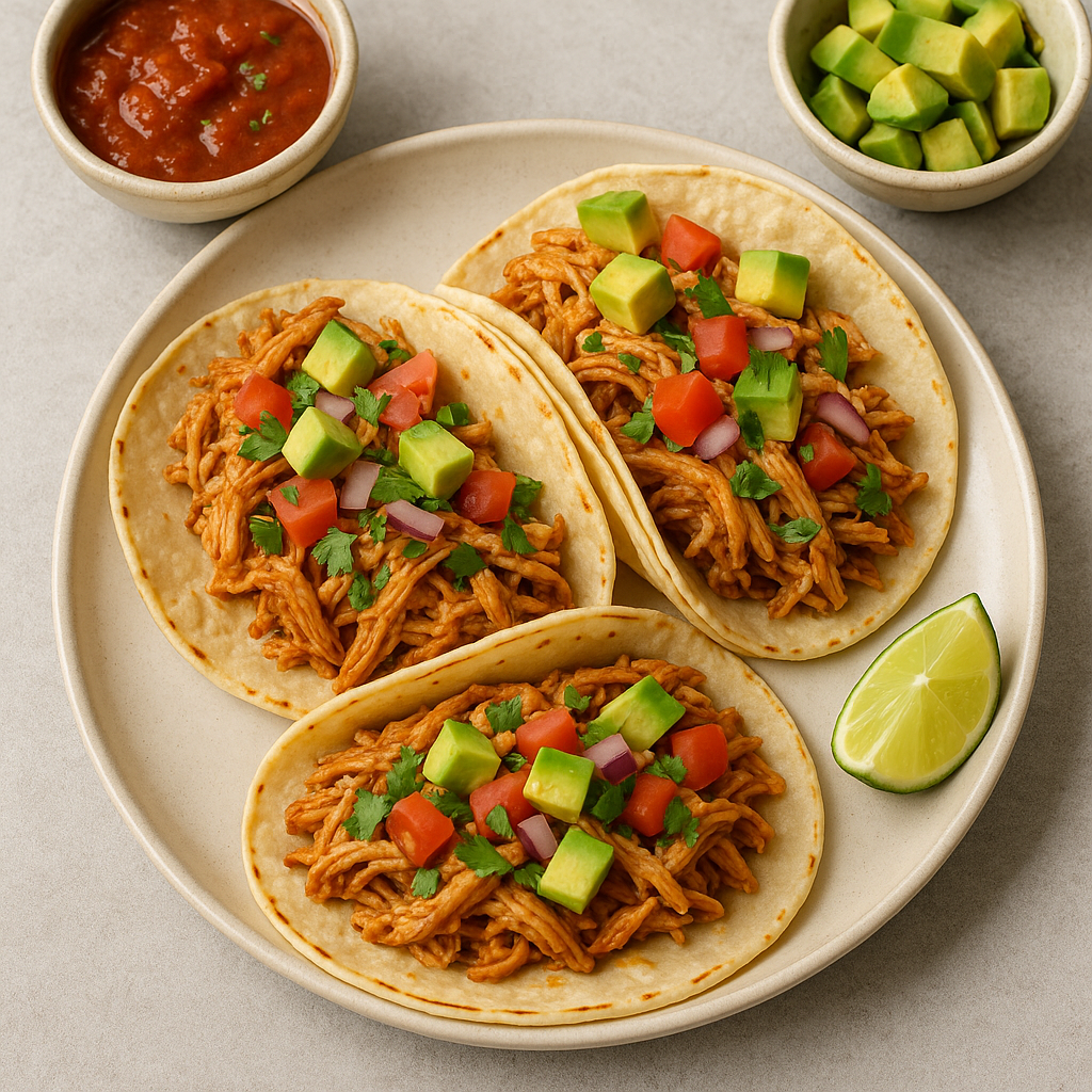 Crockpot shredded chicken tacos in soft tortillas with garnishes.