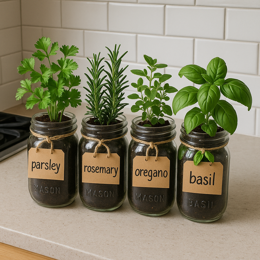 DIY mason jar herb garden on a kitchen counter.
