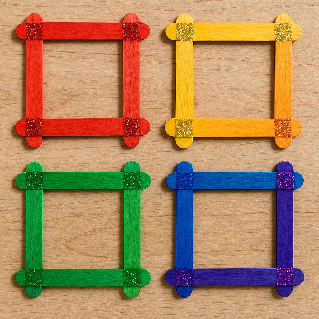 DIY picture frames made from colorful popsicle sticks with glitter accents.