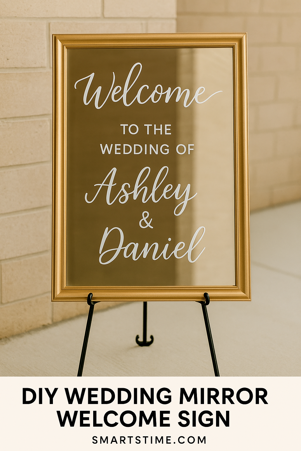 DIY wedding mirror welcome sign with gold border and script font.
