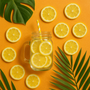Flat lay with a mason jar, lemon slices, and tropical vibes.