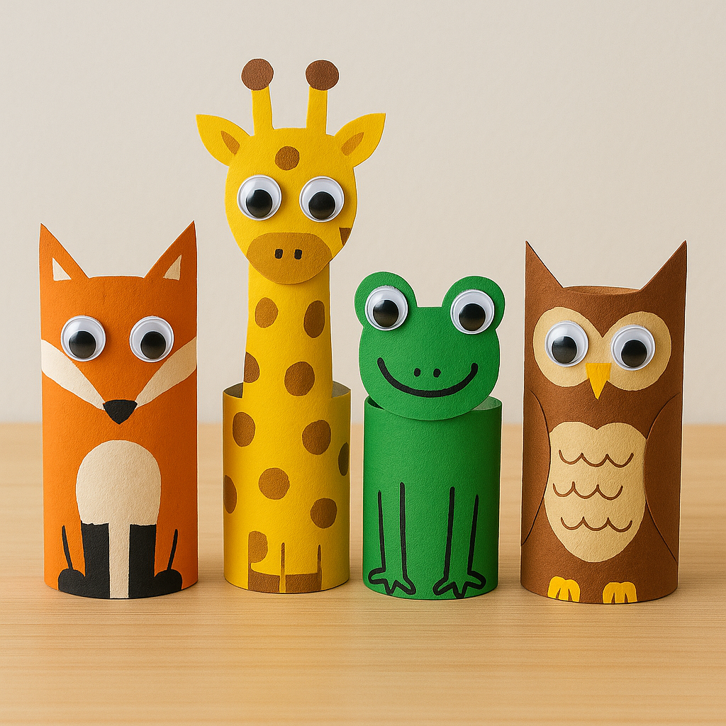 Fun toilet paper roll animals with googly eyes and painted details.