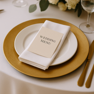 Gold-painted Dollar Tree charger plate for wedding reception.