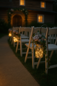 Hanging Dollar Tree mason jars with fairy lights for wedding aisle.