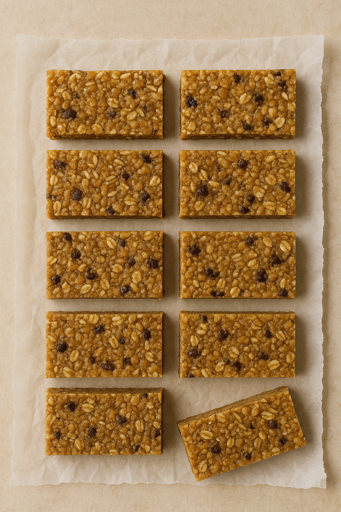 Healthy no-bake granola bars cut into rectangles on parchment paper.