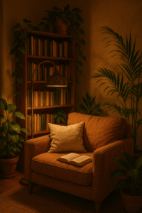 Highlight a cozy reading nook with warm lighting and plants.