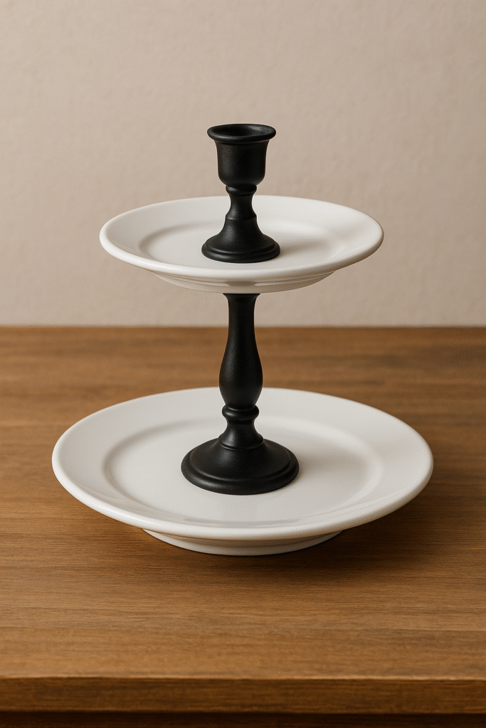 Homemade tiered organizer with candle holder and plates