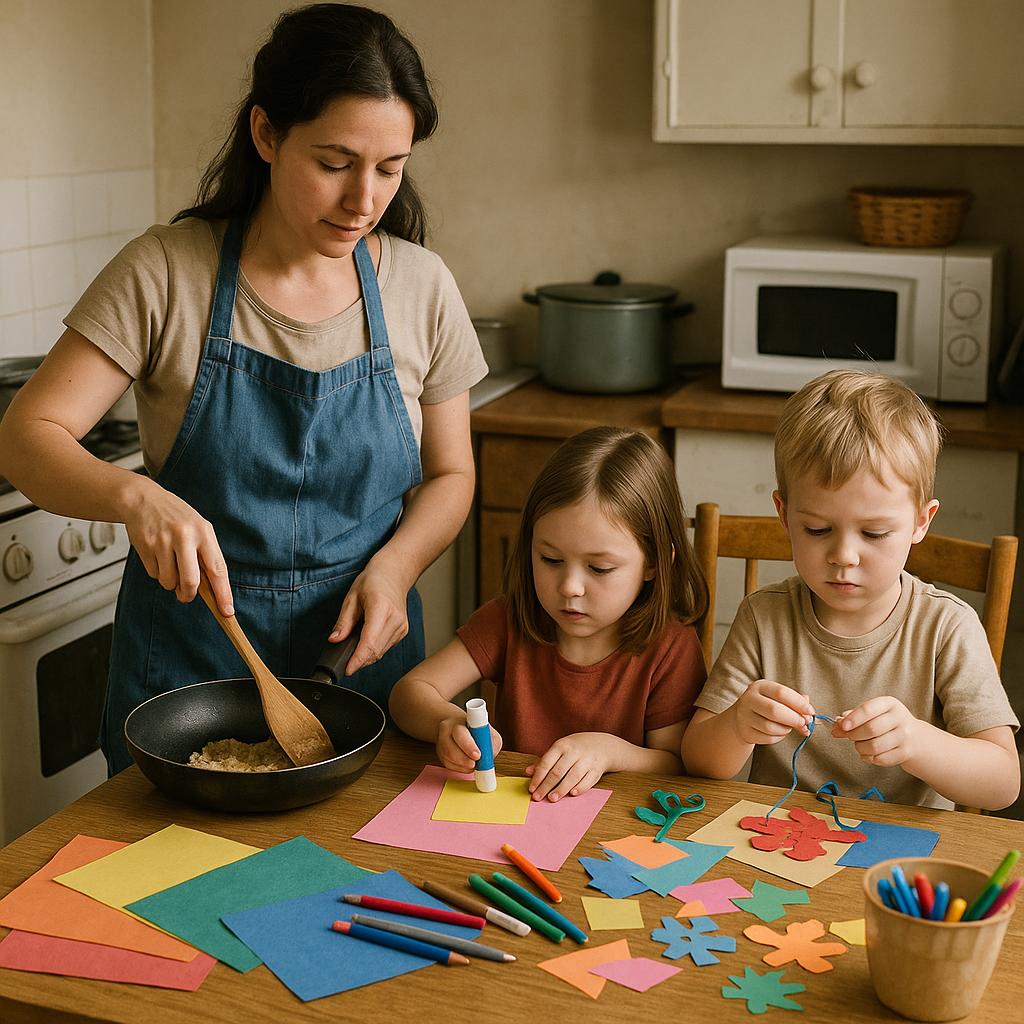 Mom cooking and crafting with children at home on a budget.