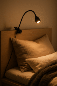 Show it clipped to a headboard or nightstand with cozy bedding in view.