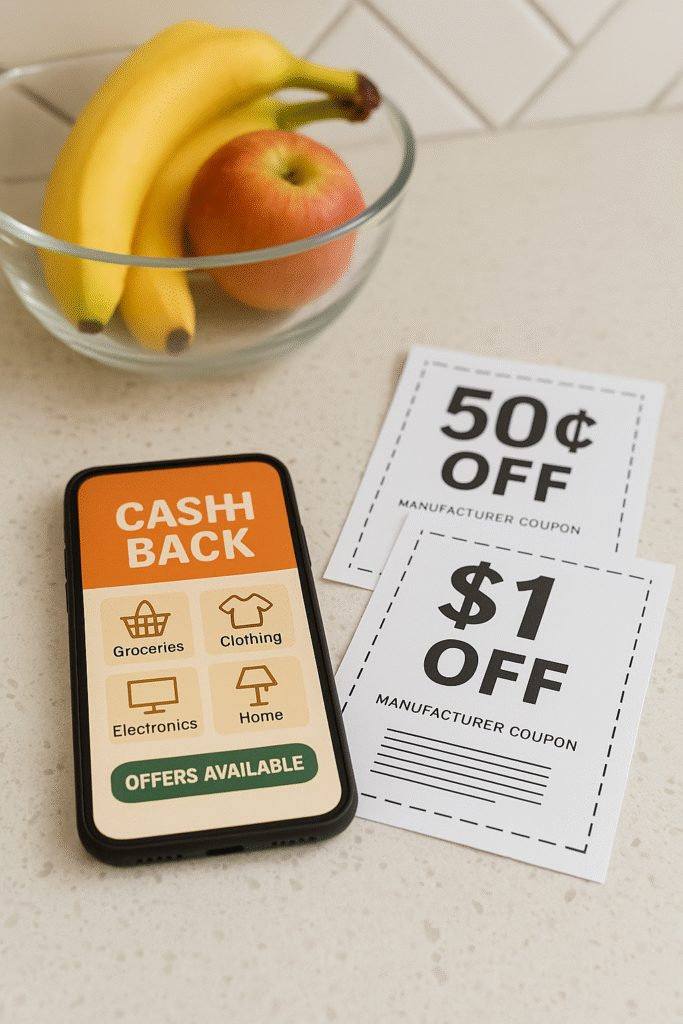 Smartphone with cashback app and printed coupons on a kitchen table.
