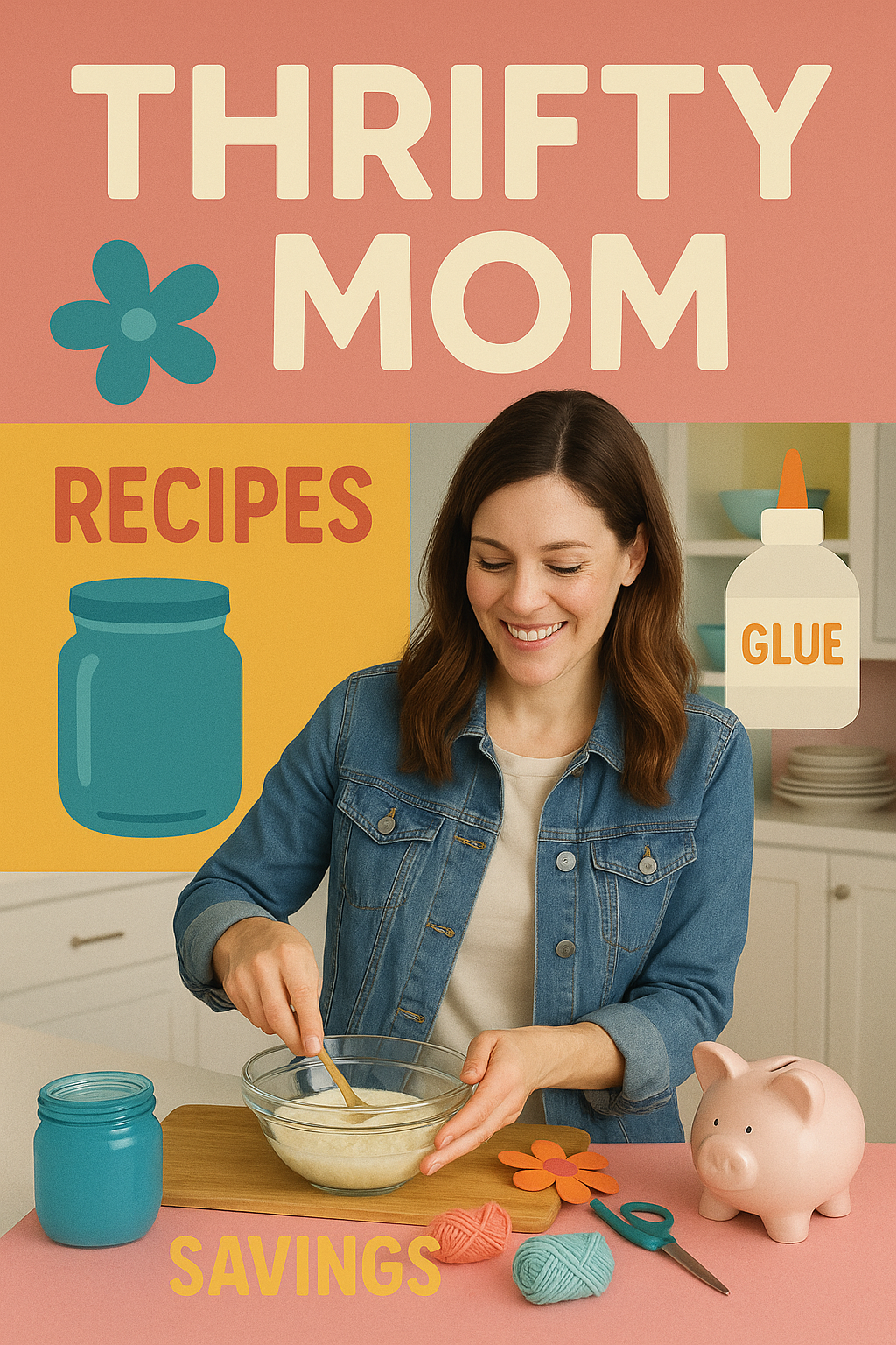 Thrifty mom lifestyle with colorful layout showing recipes, crafts, and savings.