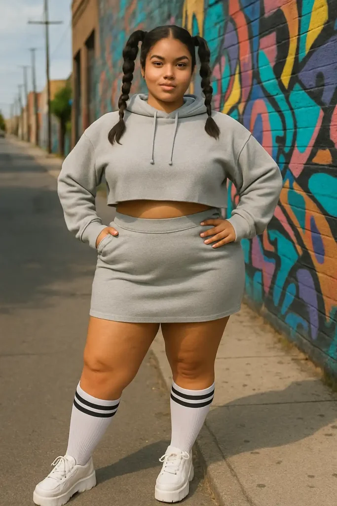 Graphic Hoodie with Mini Skirt and Knee-High Socks
