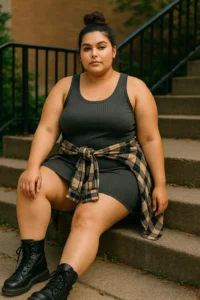 Ribbed Tank Dress with Oversized Flannel and Combat Boots
