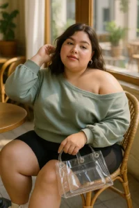 Off-Shoulder Sweatshirt with Bike Shorts and High-Tops