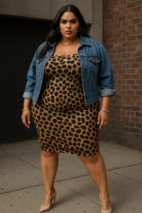 Animal Print Bodycon with Denim Jacket and Heels