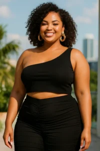 One-Shoulder Crop Top with Ruched Pants and Statement Earrings