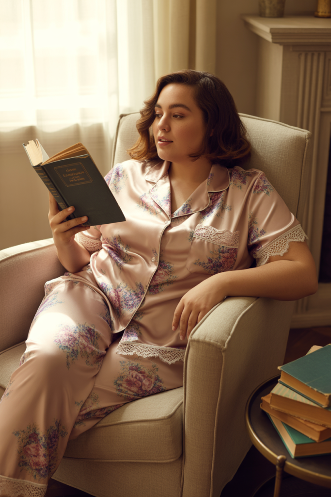 Floral Satin Pajama Set With Lace Accents