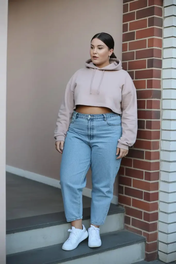 Cropped Hoodie and High-Waisted Jeans with Hoop Earrings