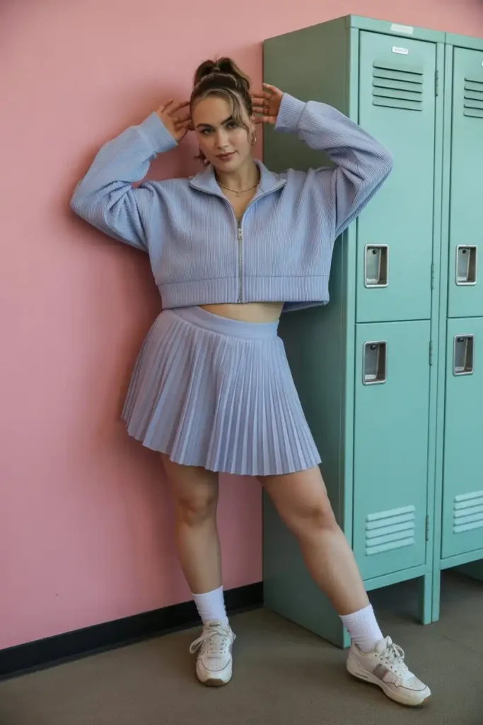 Pleated Skirt with Zip-Up Jacket and Socks