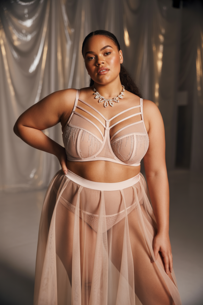 Strappy Open-Cup Bra With Sheer Skirt overlay