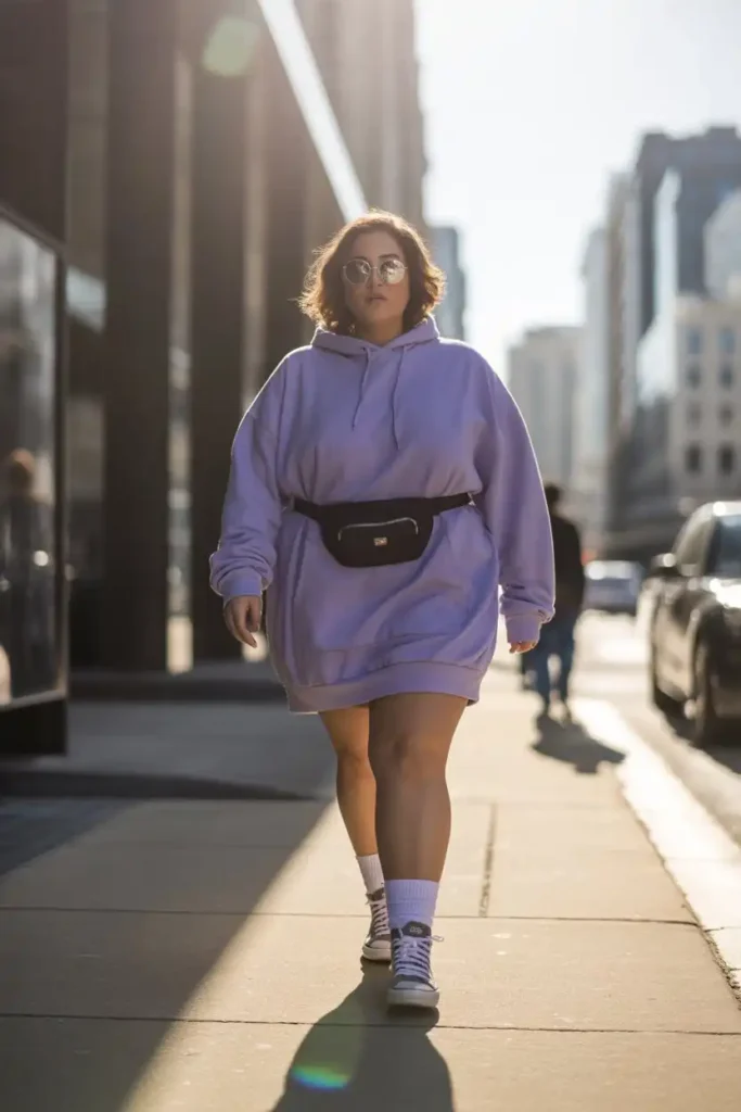 Hoodie Dress with Belt Bag and Statement Shades