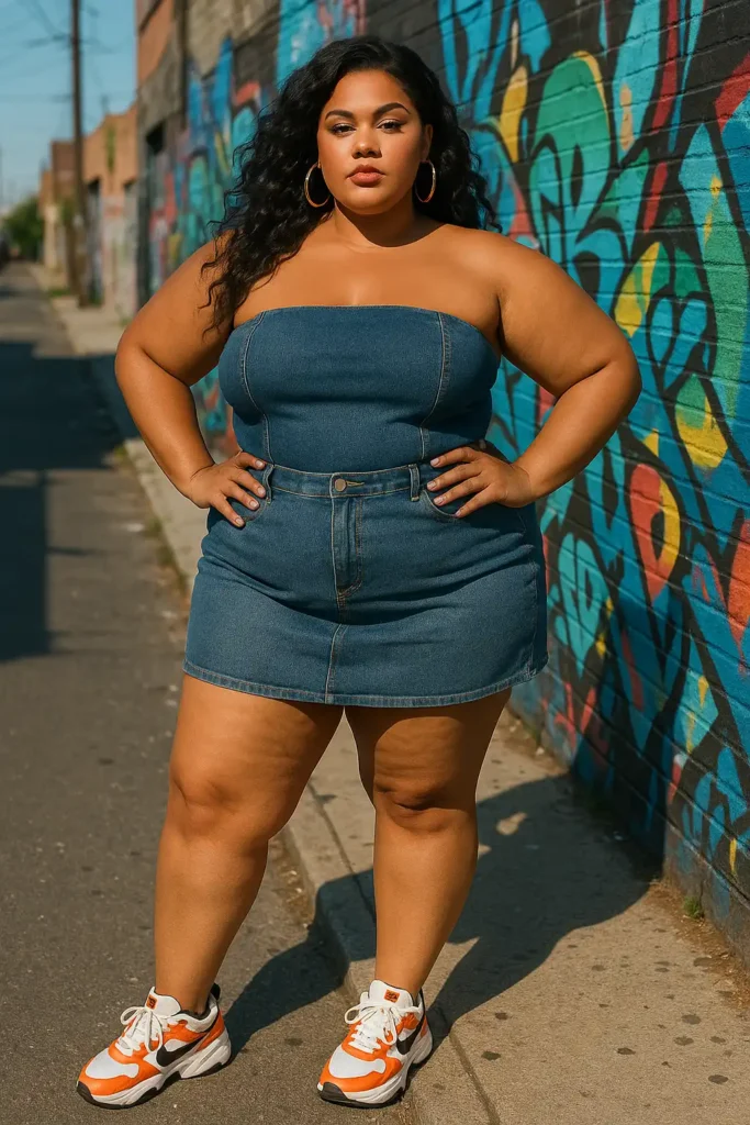 Denim Skirt and Tube Top with Bold Sneakers and Hoops