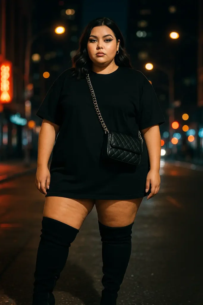 Oversized Tee Dress with Thigh-High Boots and Crossbody Bag