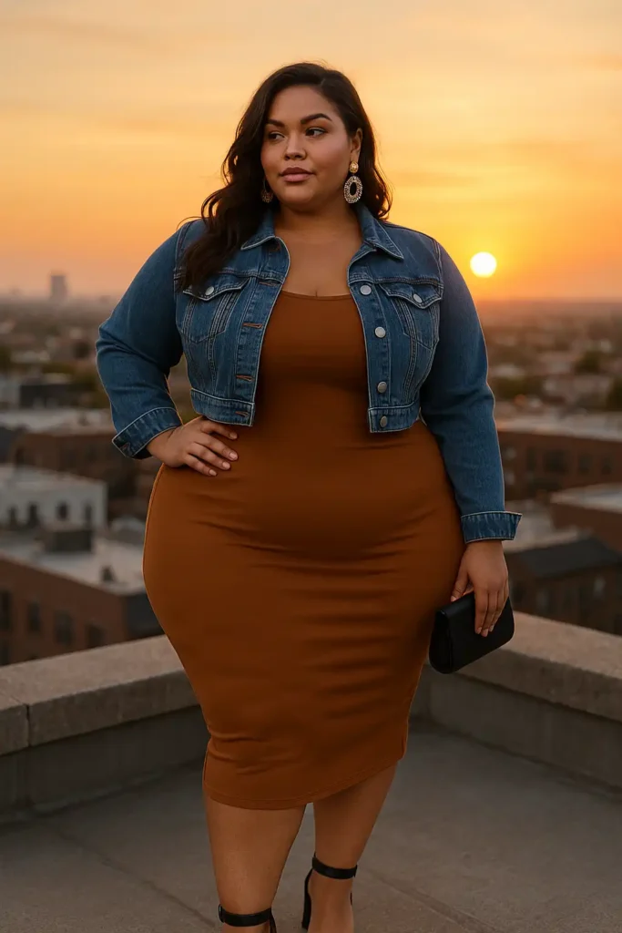 Bodycon Midi Dress with Denim Jacket and Chunky Heels