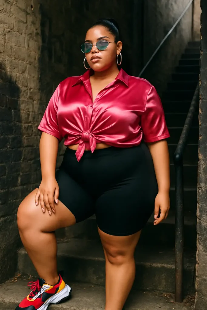 Satin Button-Up Tied at the Waist with Biker Shorts