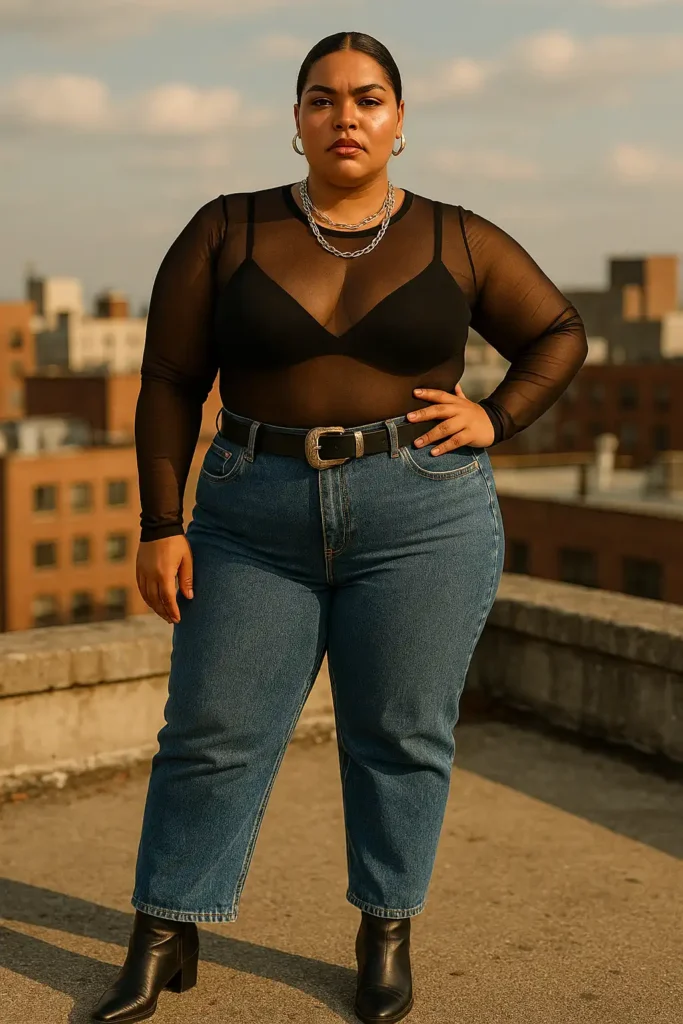 Sheer Bodysuit with High-Waisted Jeans and Statement Belt