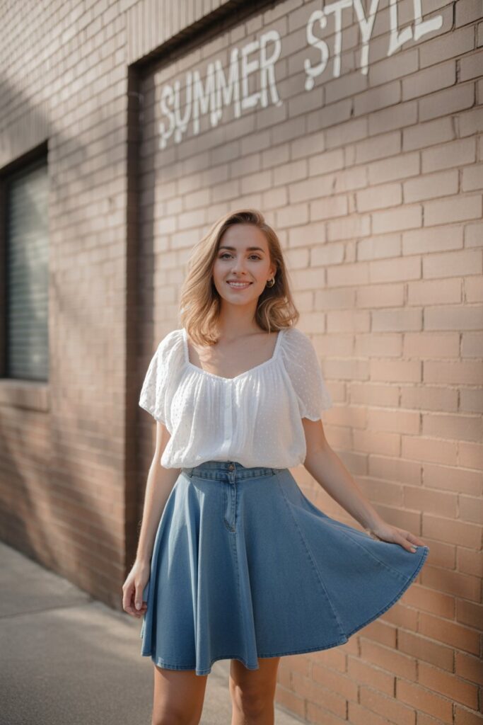 A-Line Denim Skirt + Ruffled Blouse for a Flirty Look