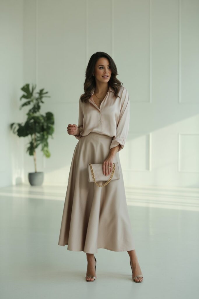 A-Line Midi Skirt + Silk Blouse for a Sophisticated Look
