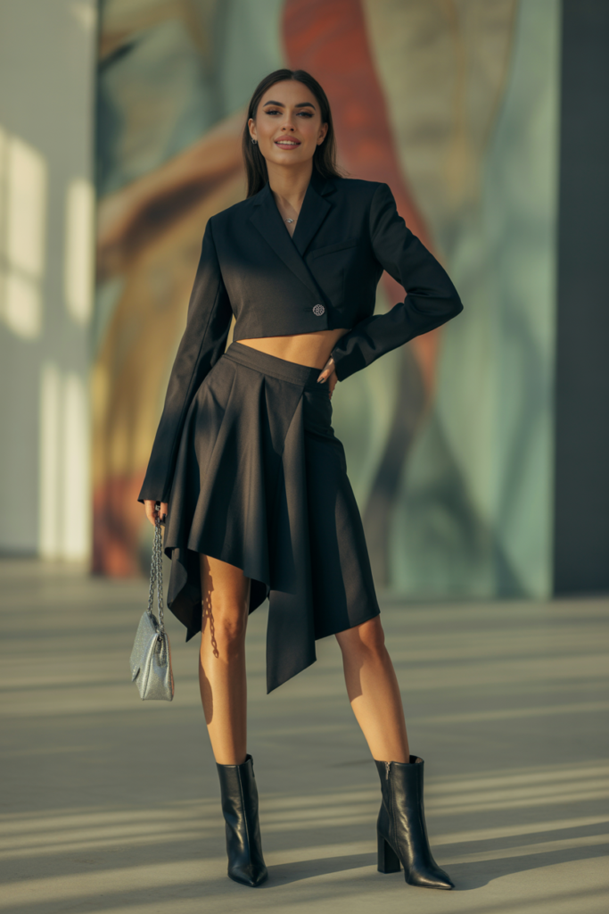 Asymmetric Black Skirt With Crop Blazer