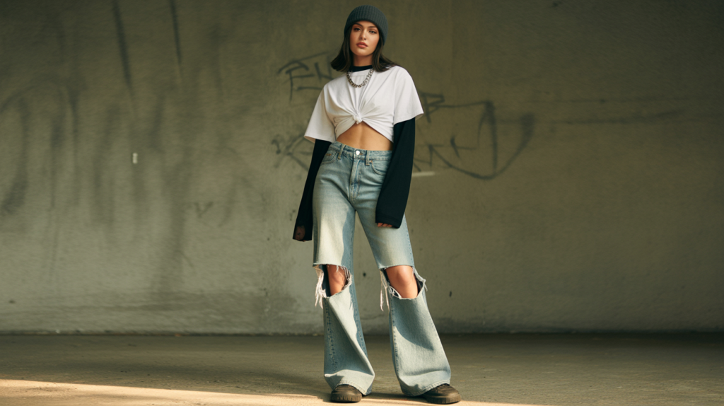Baby Tee Layered Over Long Sleeve With Ripped Jeans