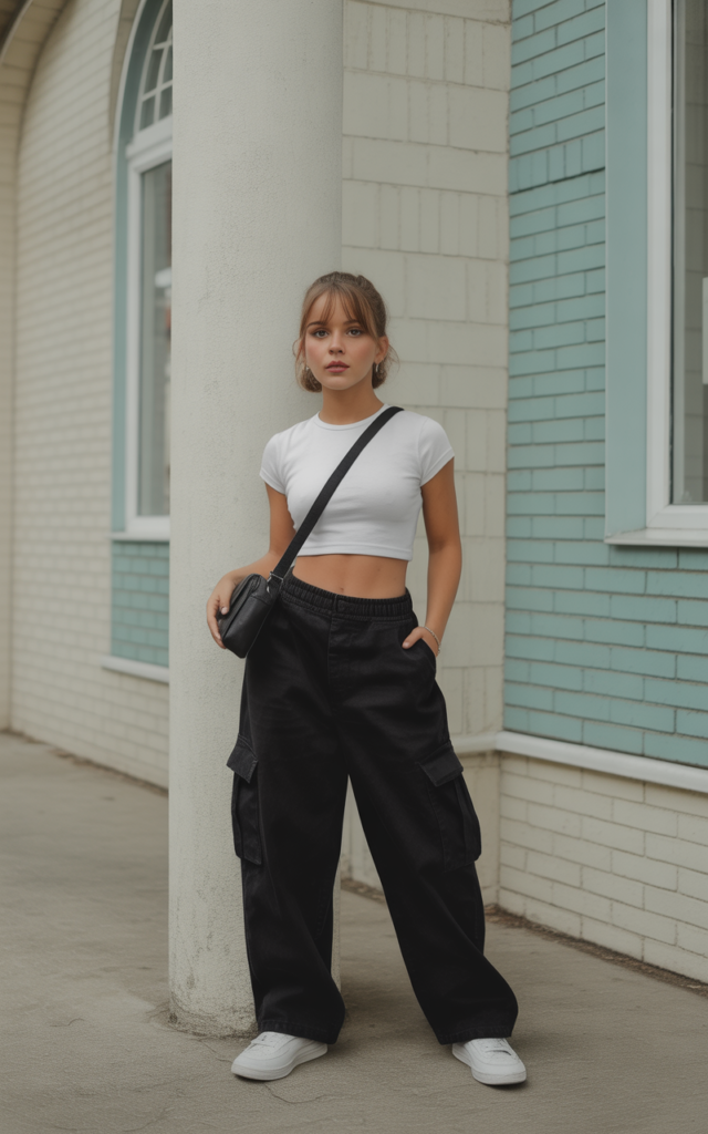 Baggy Black Cargos + Baby Tee + Crossbody