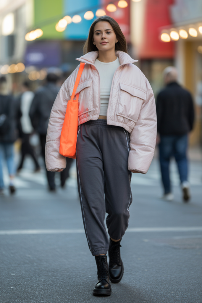 Baggy Cropped Puffer Jacket With Joggers
