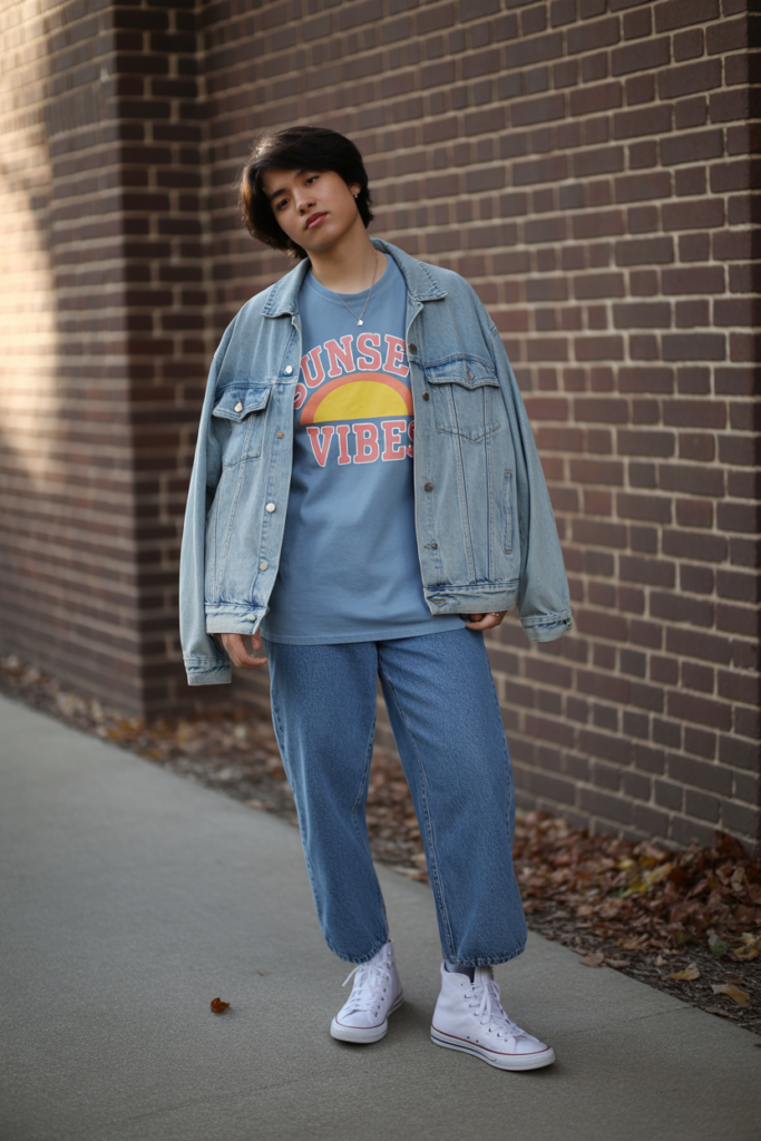 Baggy Denim Jacket Over Relaxed Fit Tee