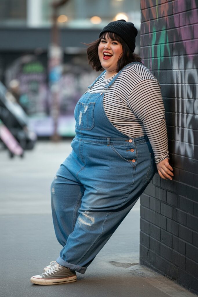 Baggy Overalls With Striped Long Sleeve And Beanie