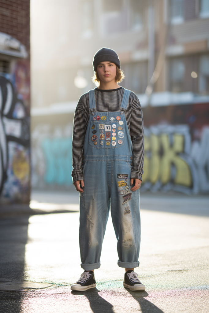 Baggy Overalls With Striped Long Sleeve And Beanie
