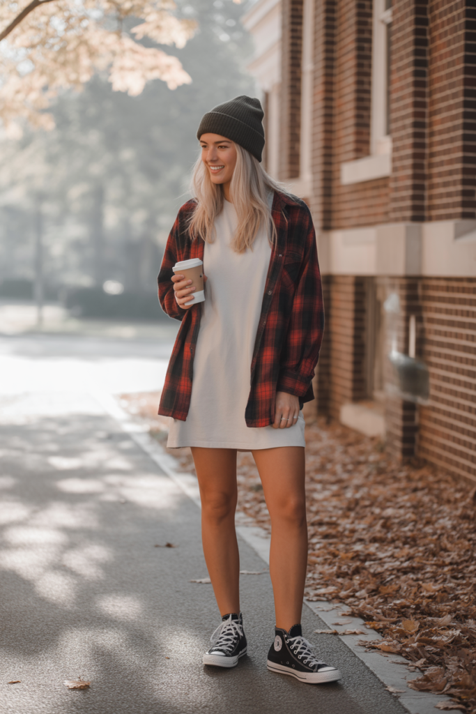 Baggy Plaid Shirt With Oversized Tee Dress