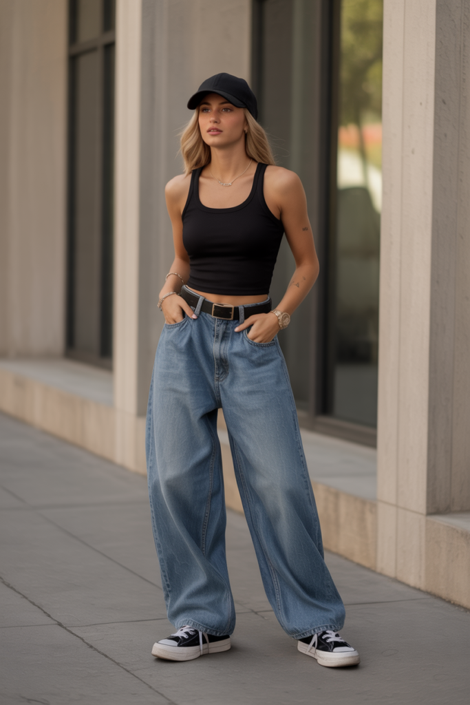 Basic Tank + Baggy Jeans + Baseball Cap