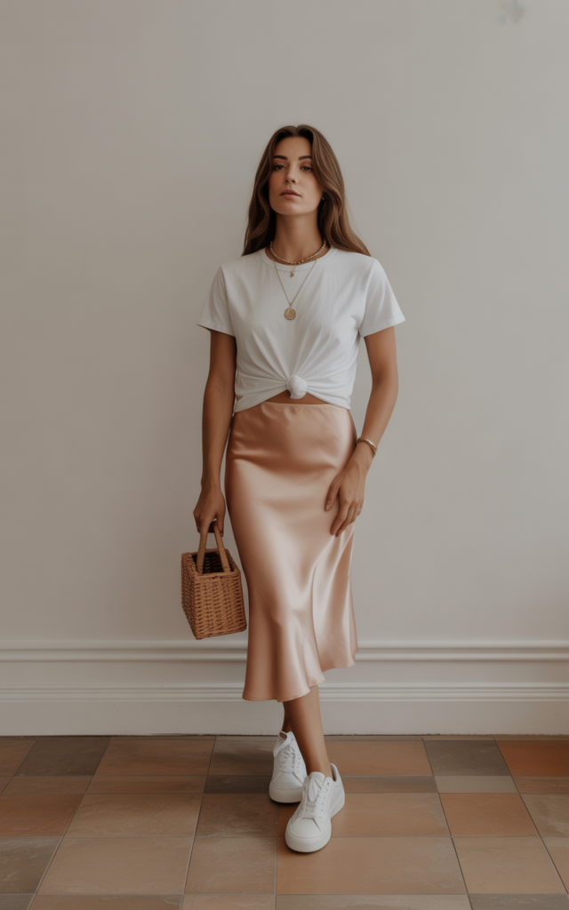Basic Tee + Satin Slip Skirt + Sneakers