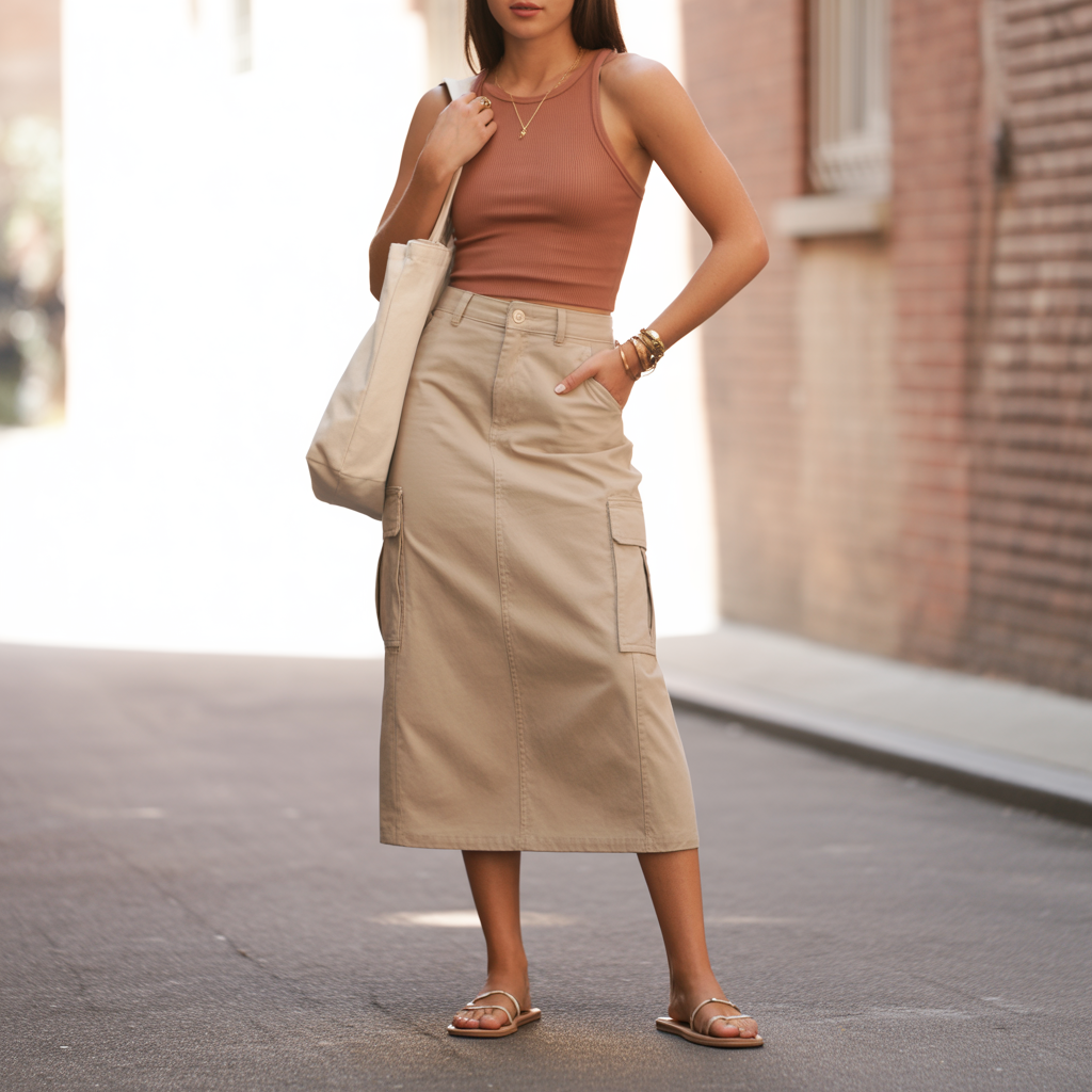 Beige Midi Cargo Skirt With Ribbed Tank Top