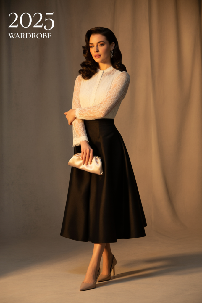Black A-Line Skirt With Lace Blouse