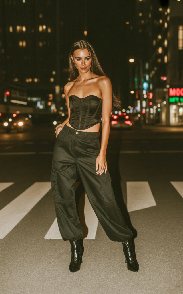 Black Cargo Pants + Corset Top + Heeled Boots