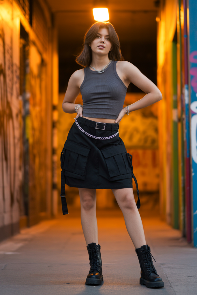 Black Cargo Skirt With Ribbed Tank