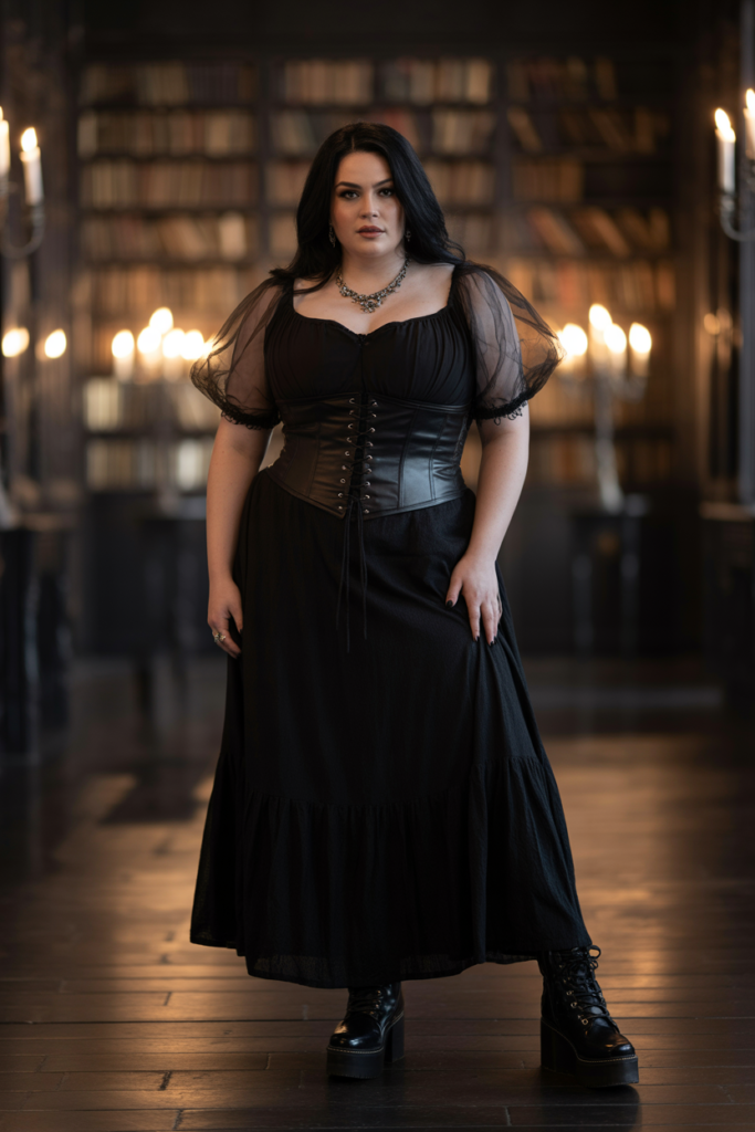 Black Maxi Skirt With Buckled Corset And Sheer Sleeves