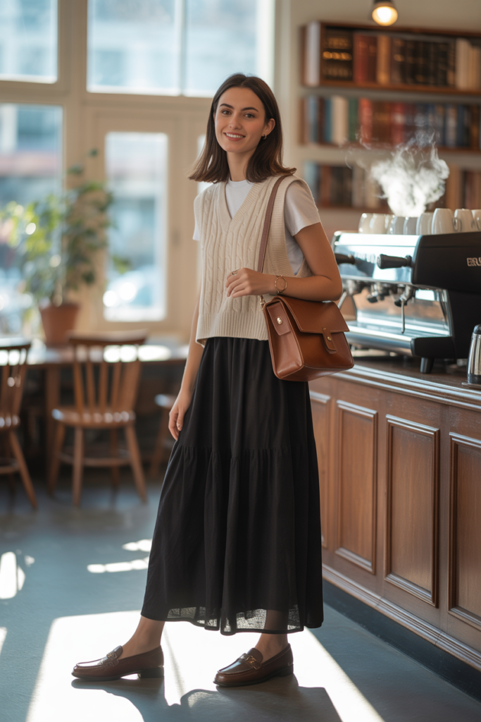Black Maxi Skirt With Knit Sweater Vest