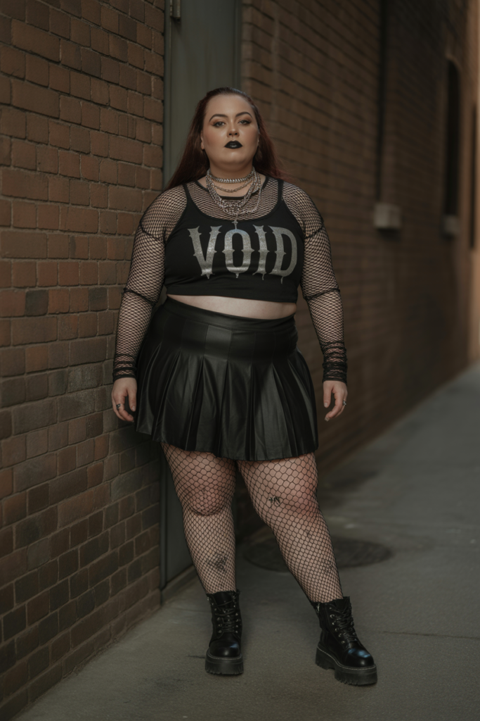 Black Pleated Mini Skirt With Fishnets And Combat Boots